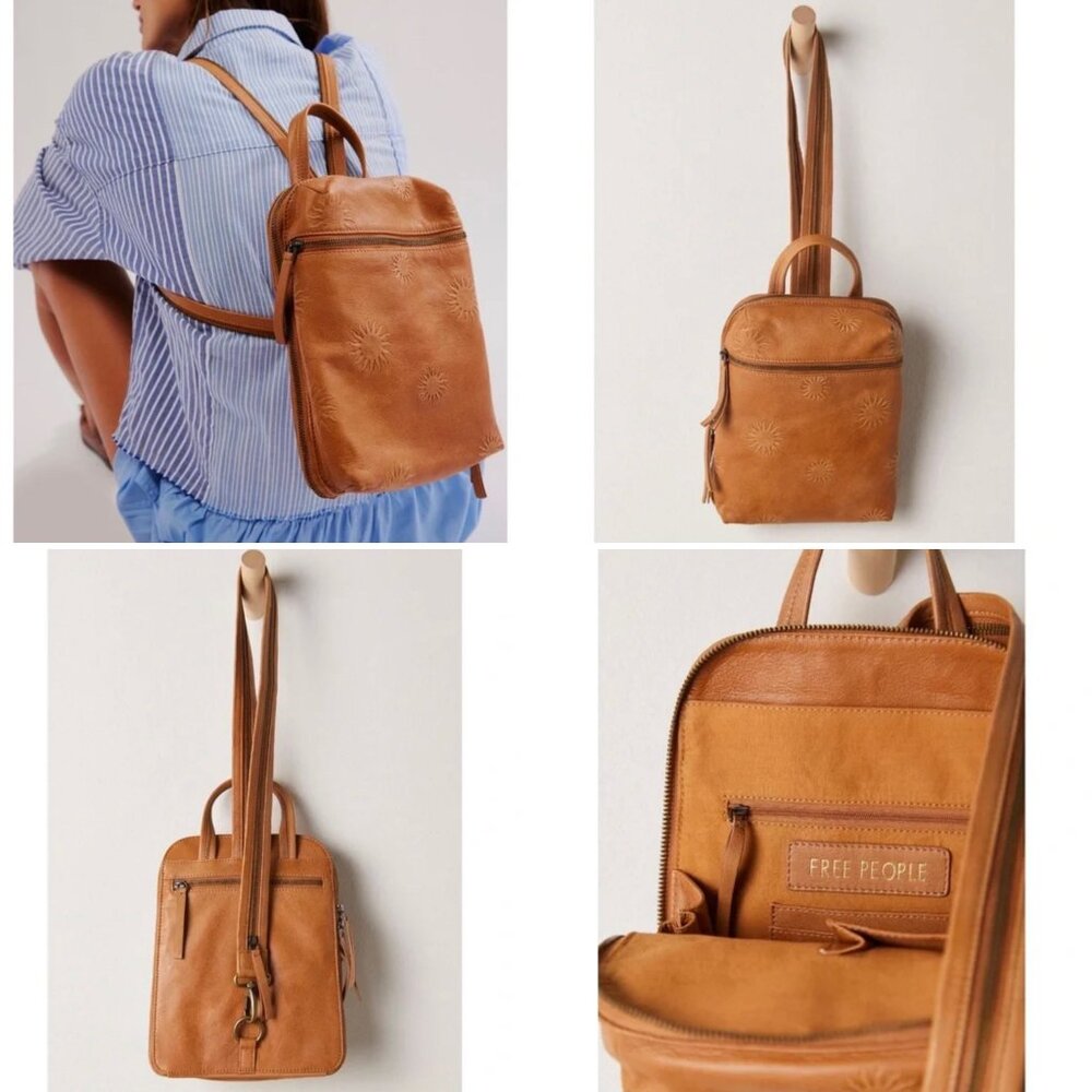 NWT Free People Break of Dawn 100% Leather Backpack Cognac Tan Tooled Sun - Picture 9 of 13